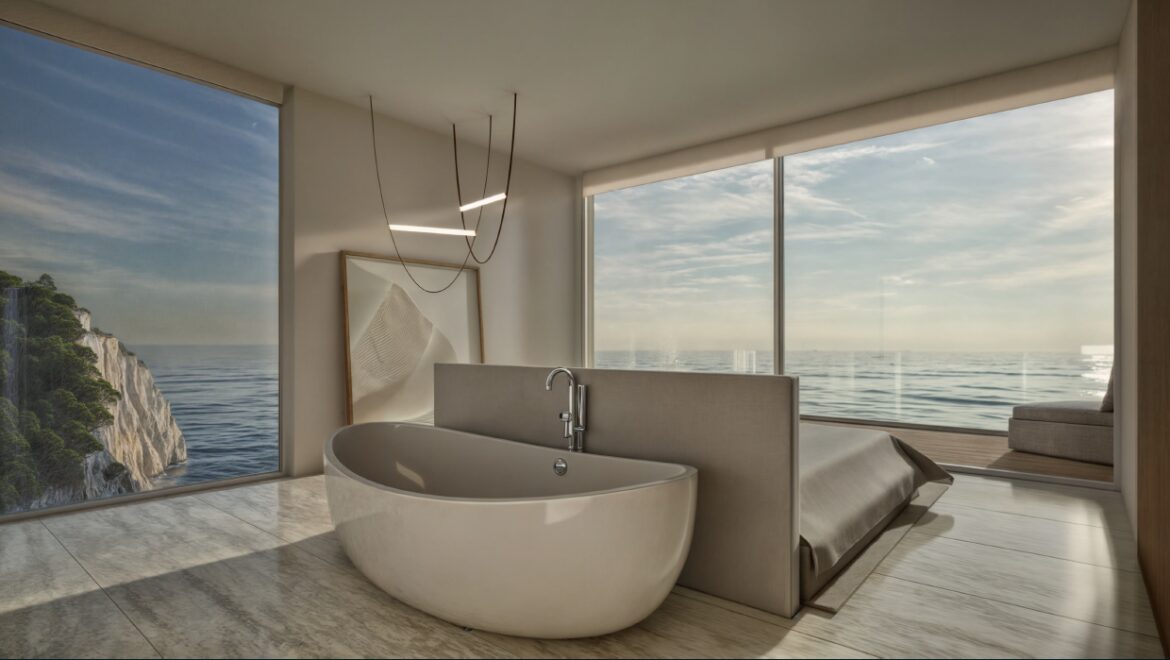 Baño moderno con vista al mar