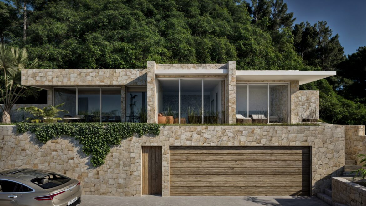 Casa moderna con piedra y vegetación
